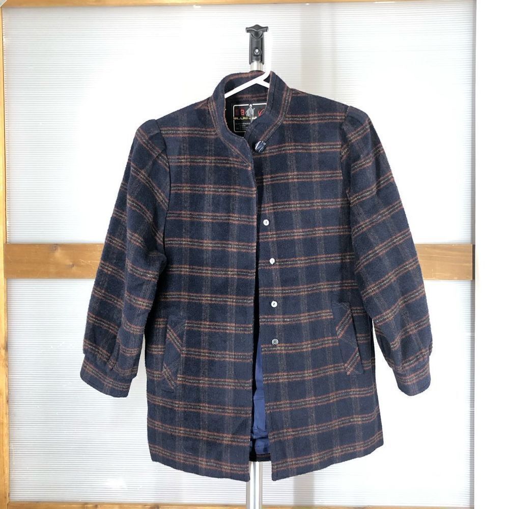 Vintage Blu&wh Co. Navy Plaid Mandarin Collar 3/4 Sleeve Coat Sz 7 (Small)‎